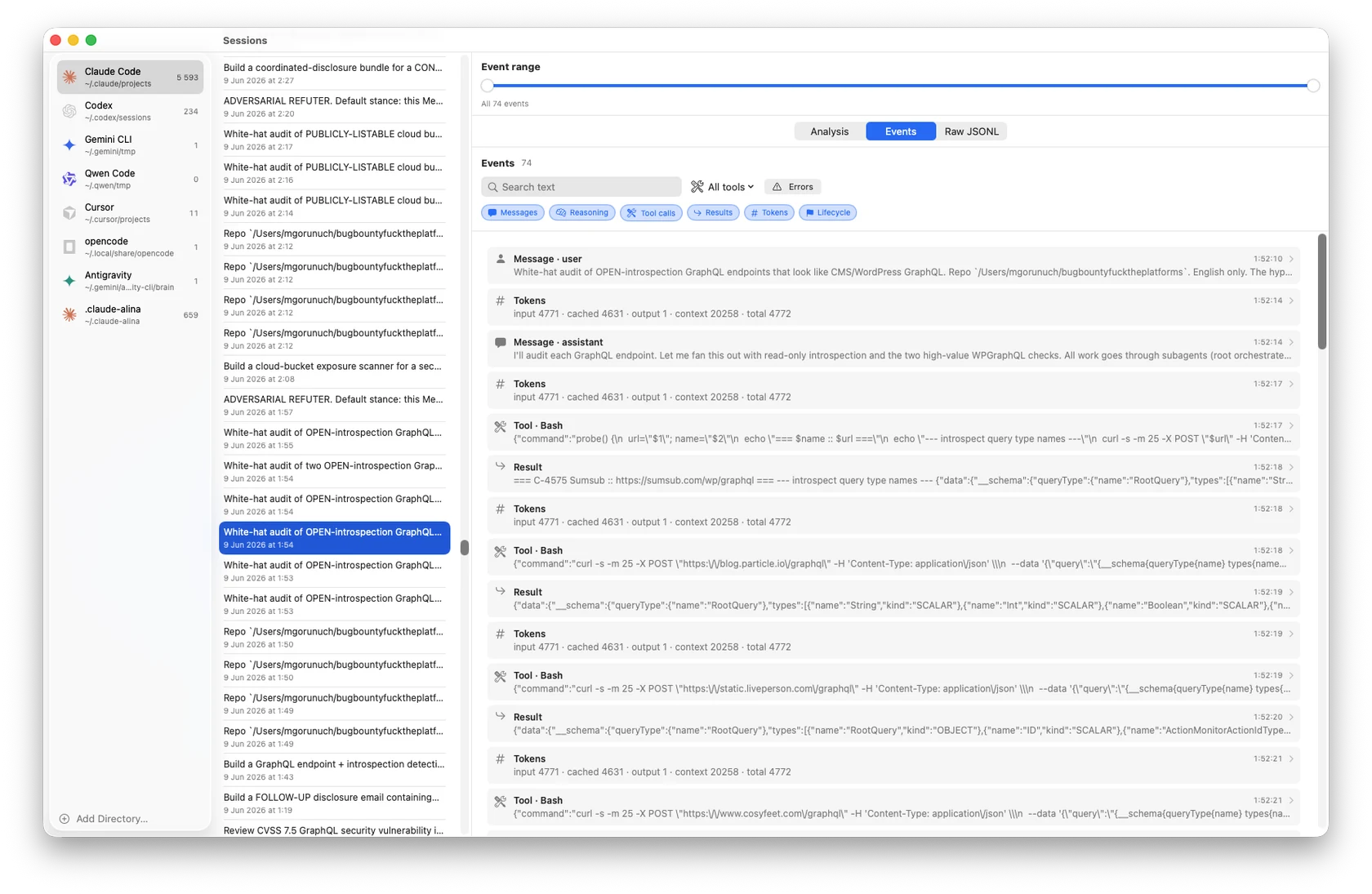 AGANAL Events view: a filterable stream of messages, reasoning, tool calls, results and per-turn token usage for a Claude Code session, with search, a tool filter, an errors filter and an event-range slider.